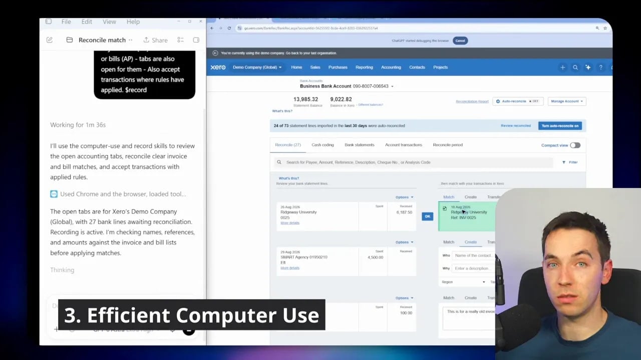 Business software interface beside an agent task panel for computer use