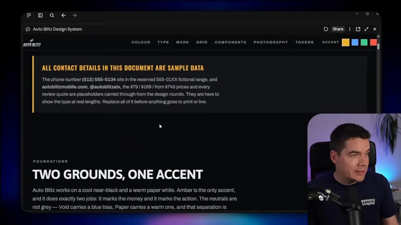 Auto Blitz design system page showing a black white and yellow colour palette