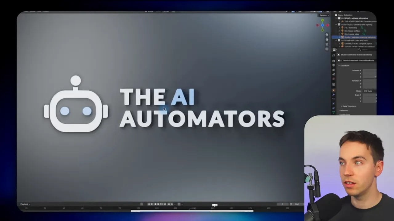Blender workspace displaying a rendered three-dimensional AI Automators logo