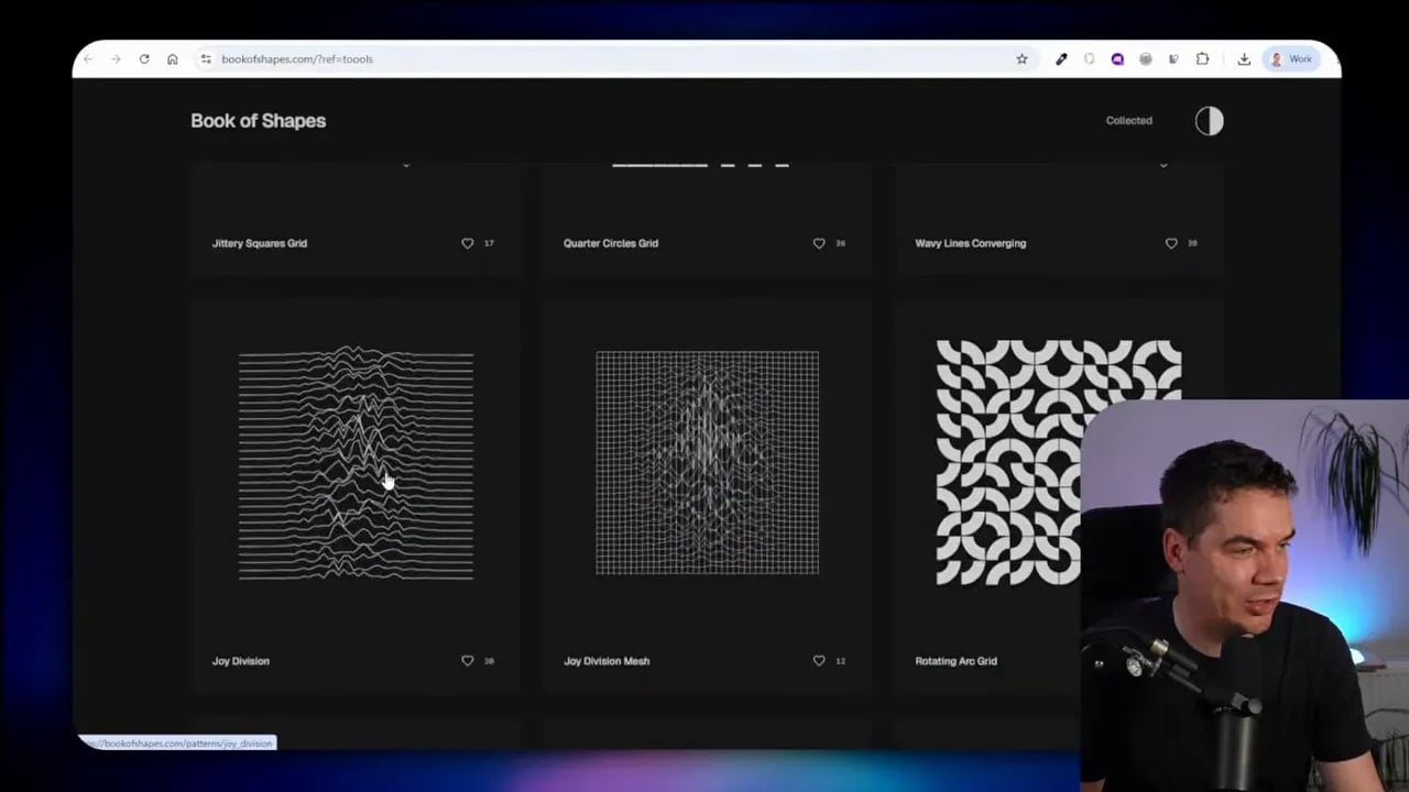 Book of Shapes gallery displaying black and white geometric SVG patterns