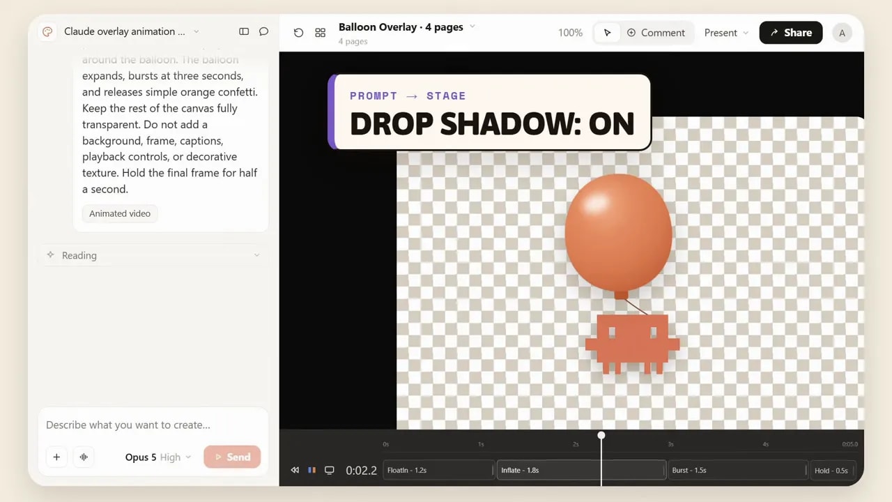 Claude Design animation preview showing an orange balloon character with warm glow on a checkerboard canvas
