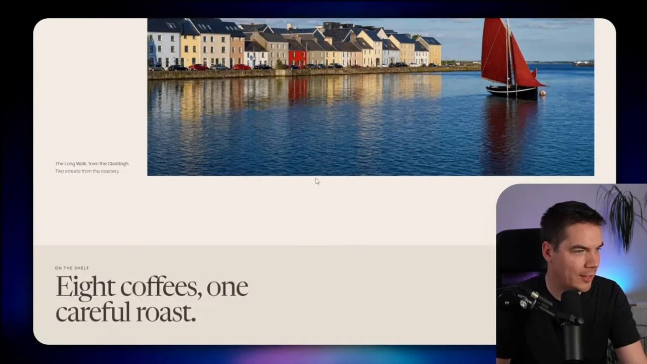 Coffee landing page showing a row of eight coffee bags