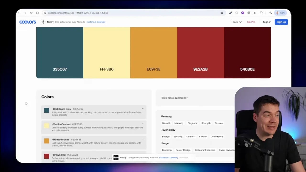Coolors palette page titled Dark Sunset with five colour swatches