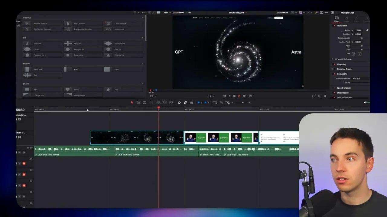 DaVinci Resolve timeline with B-roll clips added above a talking head video