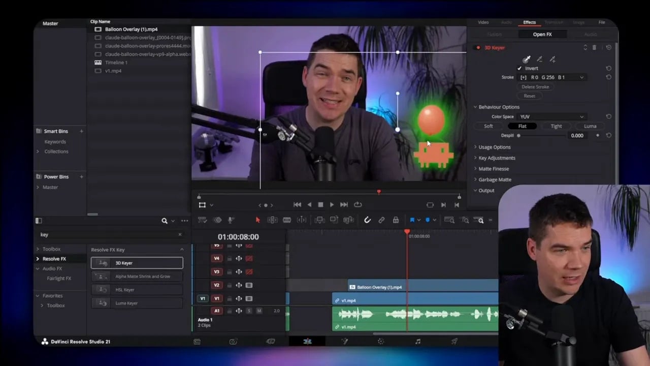 DaVinci Resolve preview showing orange balloon character composited over presenter footage with green edge glow