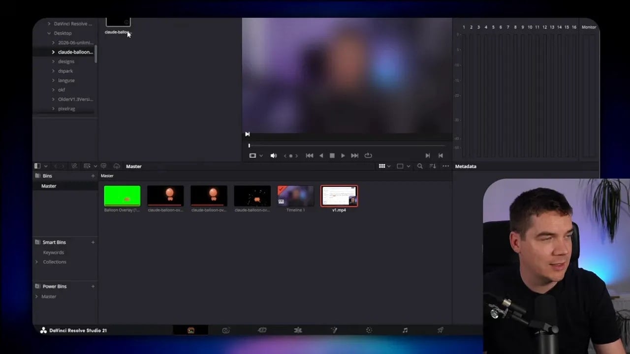 DaVinci Resolve media page preview displaying the transparent PNG animation sequence