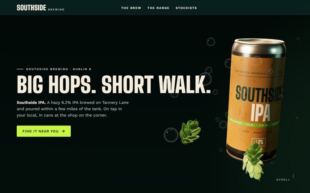 Southside Brewing landing page with the 3D can
