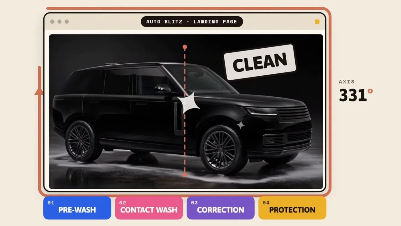 Interactive car cleaning video showing a clean black SUV at 349 degrees
