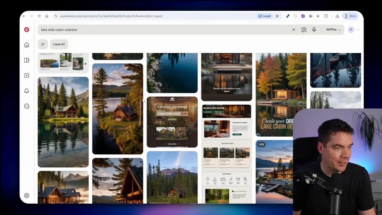 Pinterest board showing lakeside cabins forest scenes and cabin design inspiration