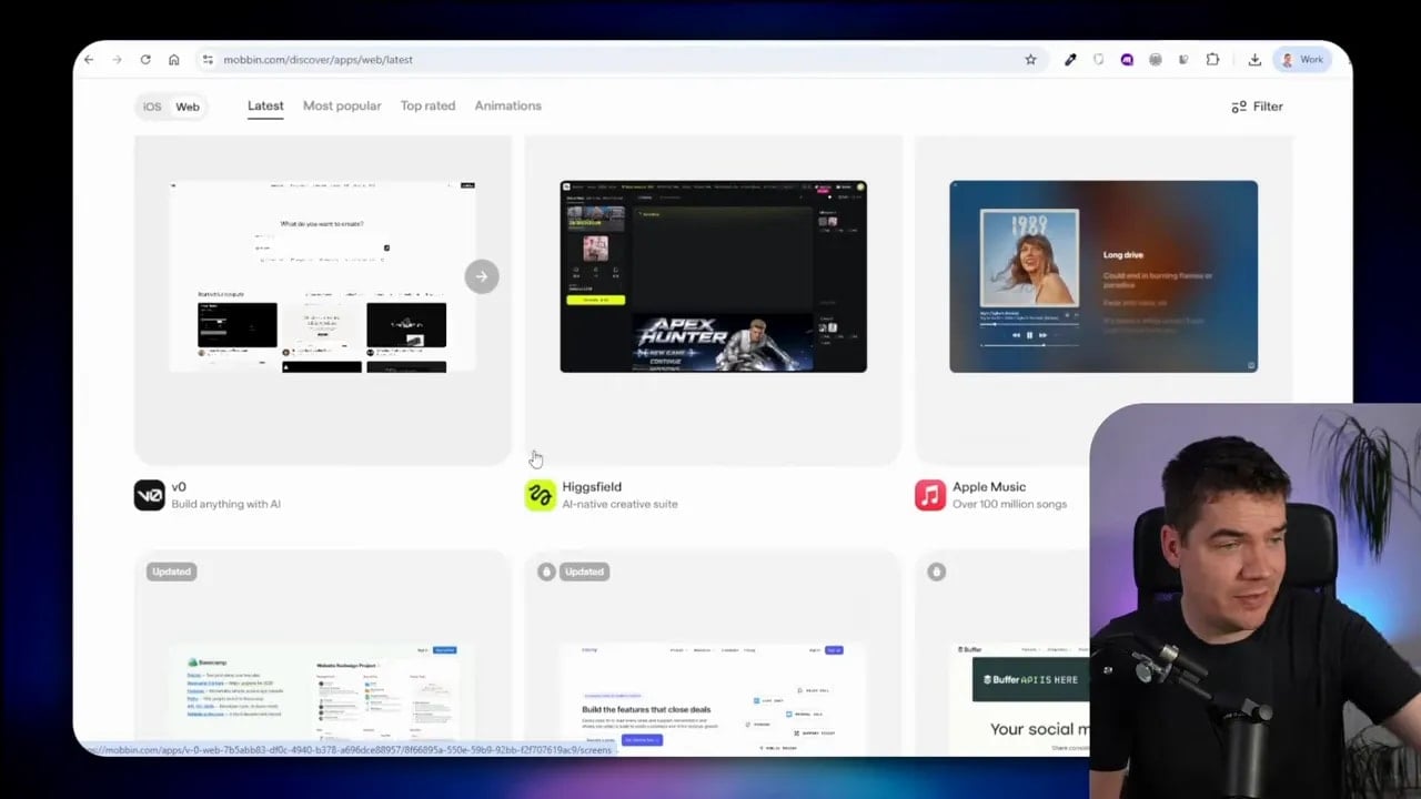 Mobbin interface showing a grid of website and app design screens