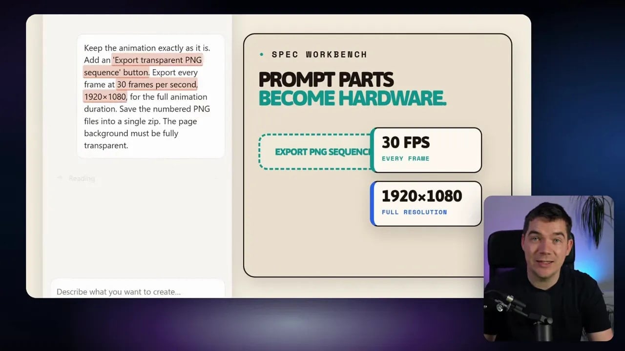 Prompt graphic listing 30 FPS 1920 by 1080 and full animation duration for PNG export