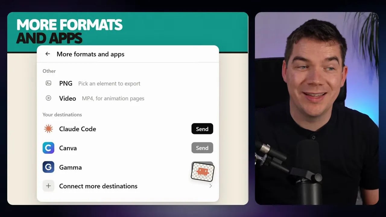 Claude Design More formats and apps menu with Claude Code Send option