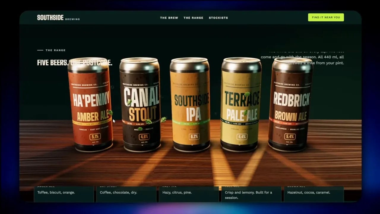 Southside Brewing page showing five beer cans on a wooden surface