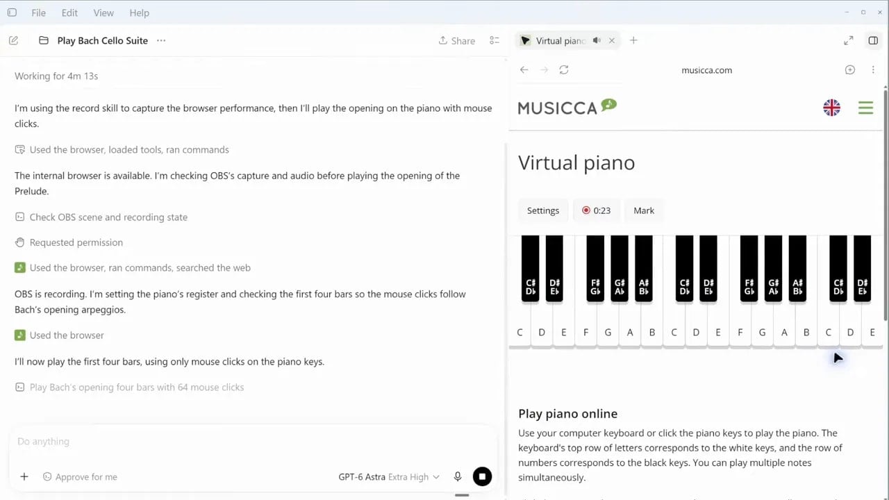 Virtual piano website showing piano keys beside an AI agent task panel